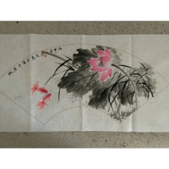 国画扇面荷花 - 刘月文
